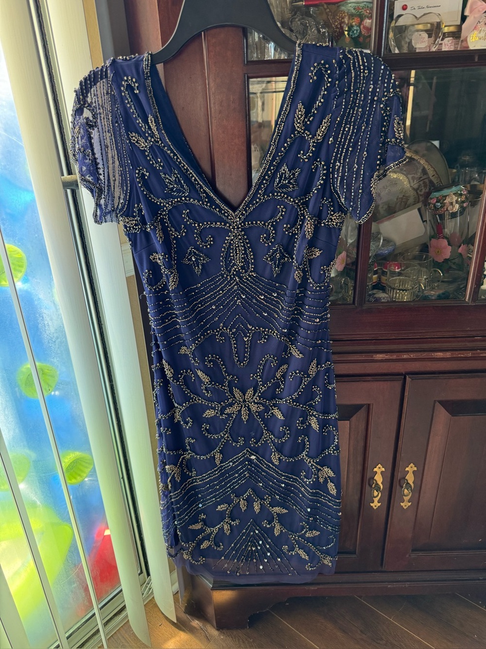 Pisarro Nights Navy Beaded V-Neck Midi Dress